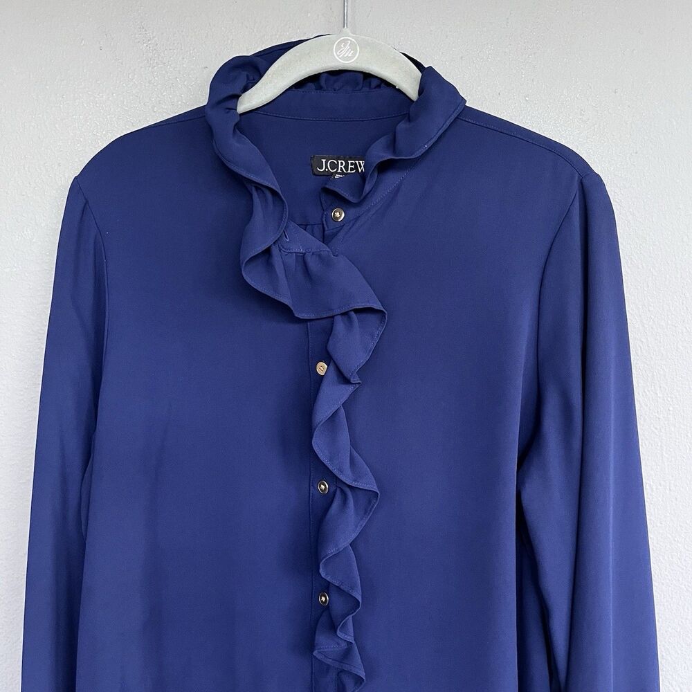 J Crew Navy Sheer Ruffle Blouse Women 12 Gold Button Long Sleeve Preppy Romantic - Picture 4 of 14
